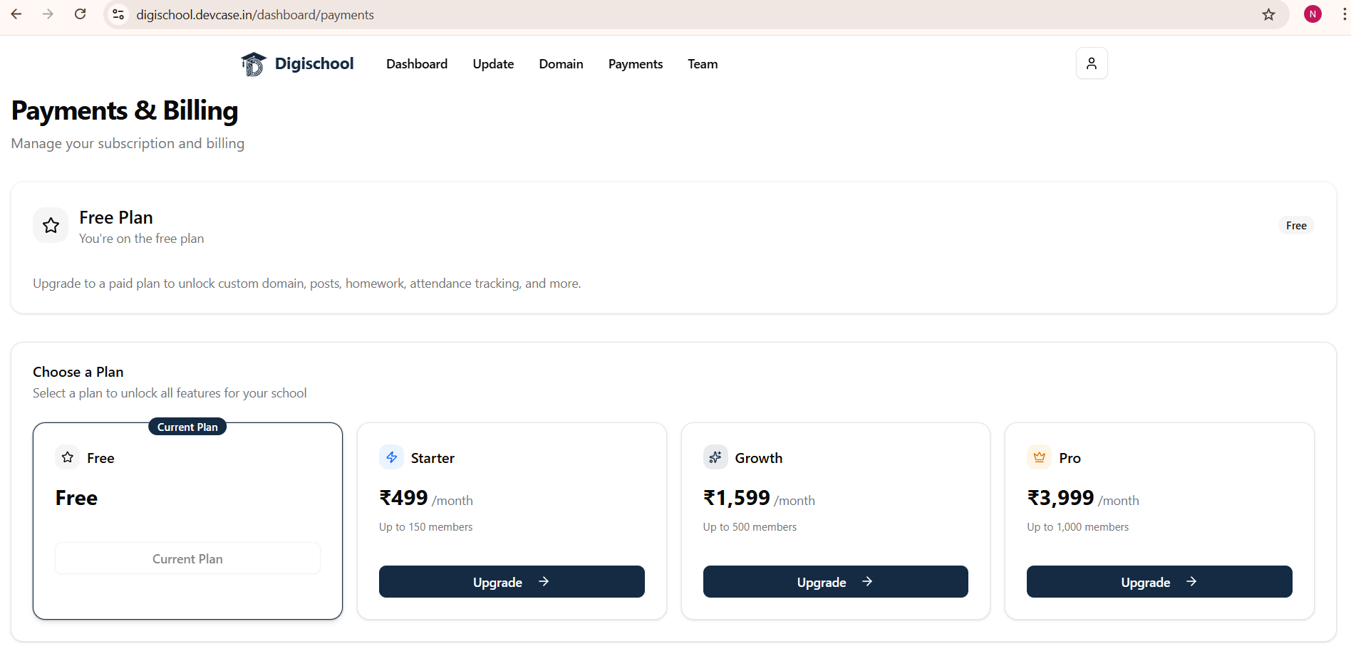 DigiSchool subscription plans — Free, Starter, Growth, Pro